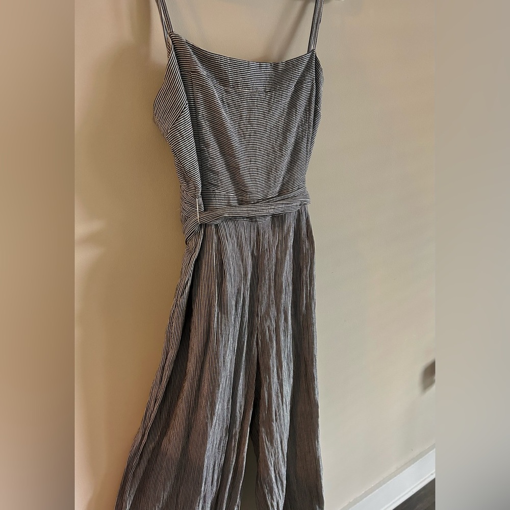 Wide Leg Black & White Striped Linen Jumpsuit
